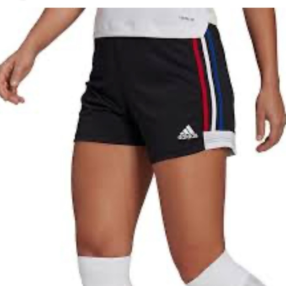 Adidas Women's Black Shorts with Red, Blue, and White Stripes